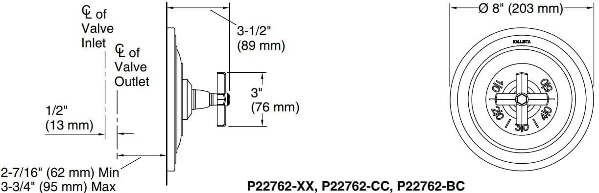 Bản vẽ mặt nạ điều chỉnh gắn tường Kallista P22762-XX