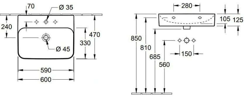 Bản vẽ kỹ thuật chậu rửa lavabo Đức Villeroy-boch Finion 41686CRW