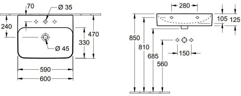 Bản vẽ kỹ thuật chậu rửa lavabo Đức Villeroy-boch Finion 41686CRW