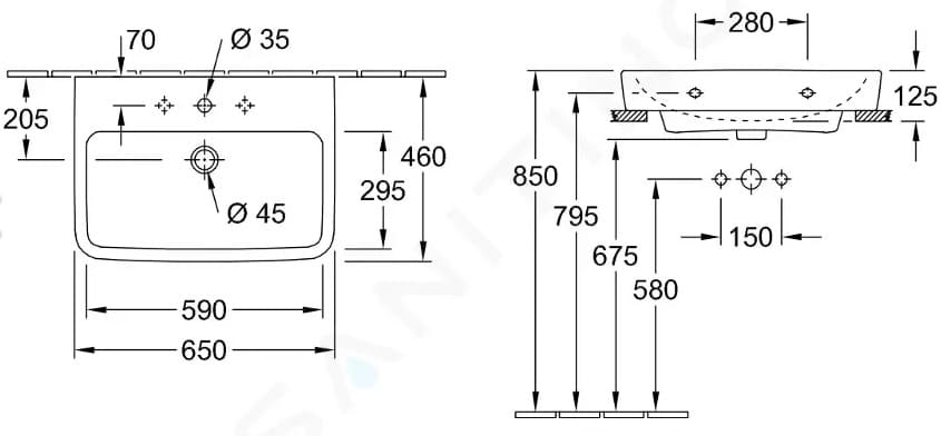 Bản vẽ kỹ thuật chậu rửa lavabo Đức Villeroy-boch O.novo 4A41KG01