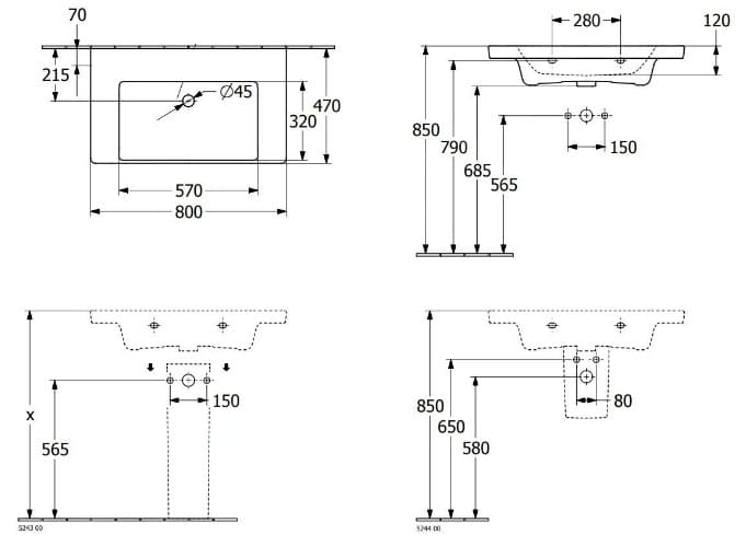 Bản vẽ kỹ thuật chậu rửa lavabo Đức Villeroy-boch Subway 3.0 4A708301
