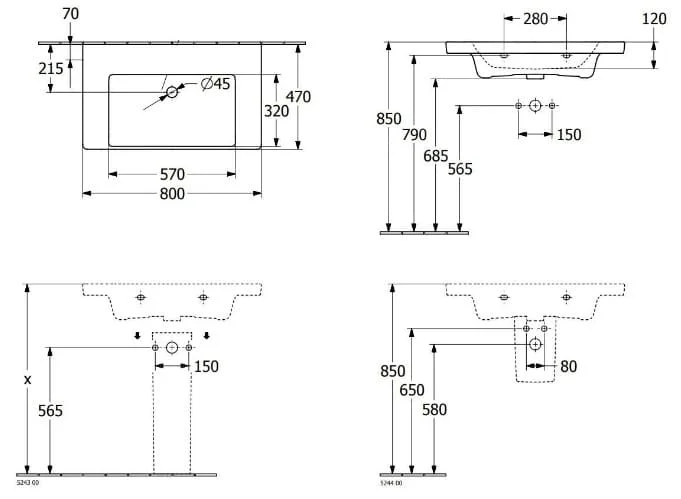 Bản vẽ kỹ thuật chậu rửa lavabo Đức Villeroy-boch Subway 3.0 4A708301