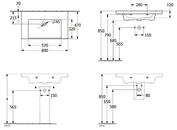 Bản vẽ kỹ thuật chậu rửa lavabo Đức Villeroy-boch Subway 3.0 4A7083RW