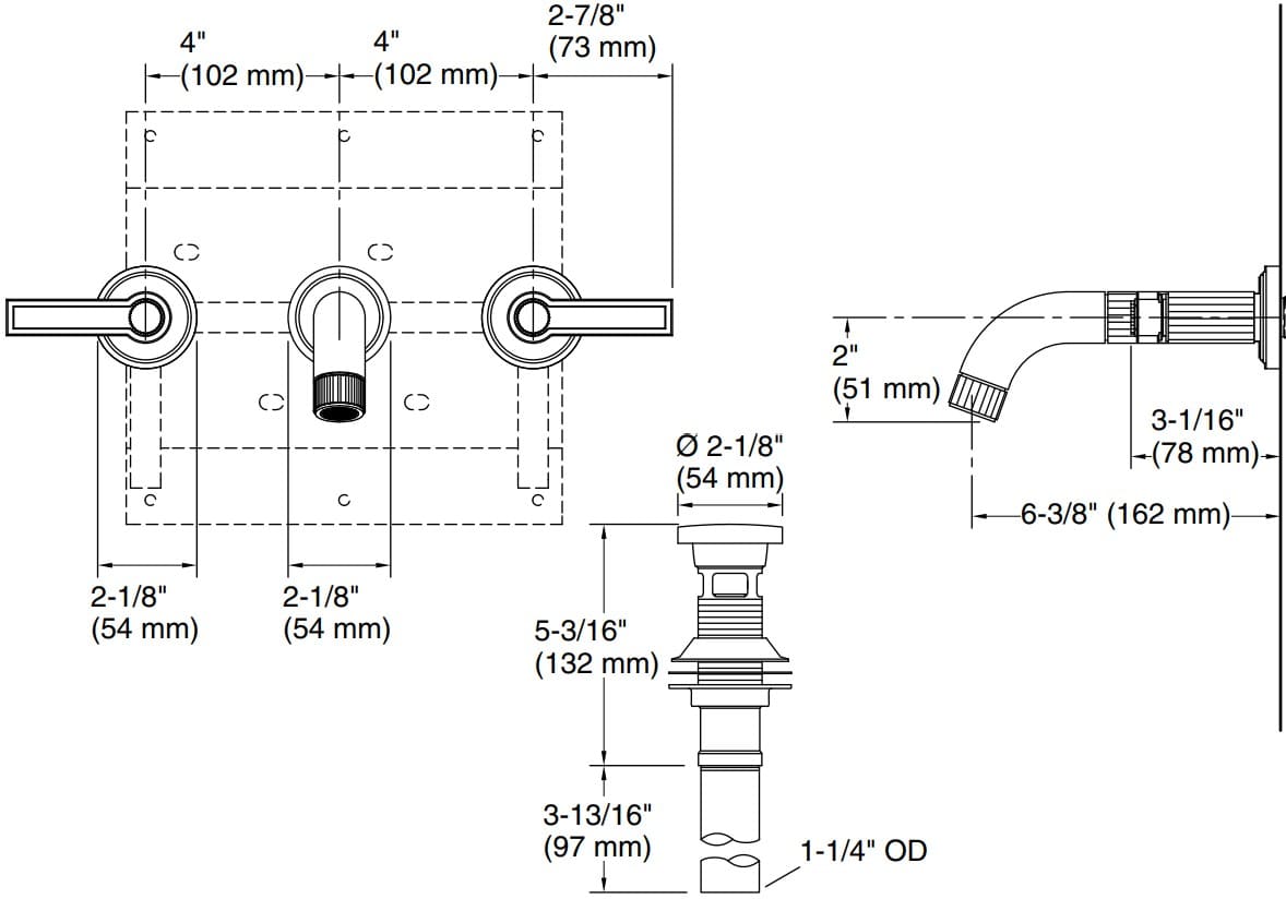 Bản vẽ vòi lavabo nóng lạnh gắn tường Kallista P80235