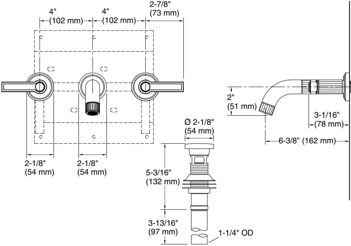 Bản vẽ vòi lavabo nóng lạnh gắn tường Kallista P80235