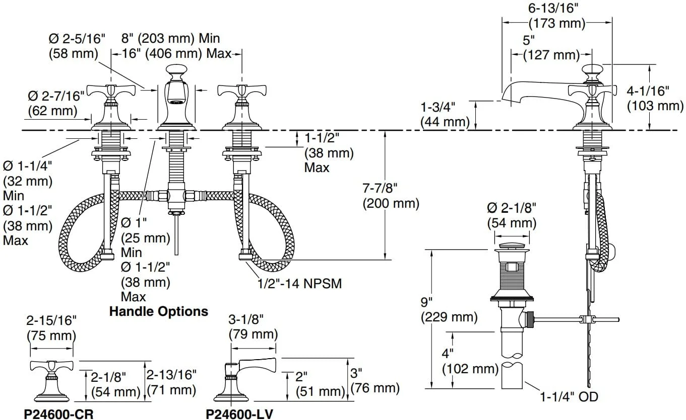 Bản vẽ vòi lavabo nóng lạnh gắn chậu Kallista P24600