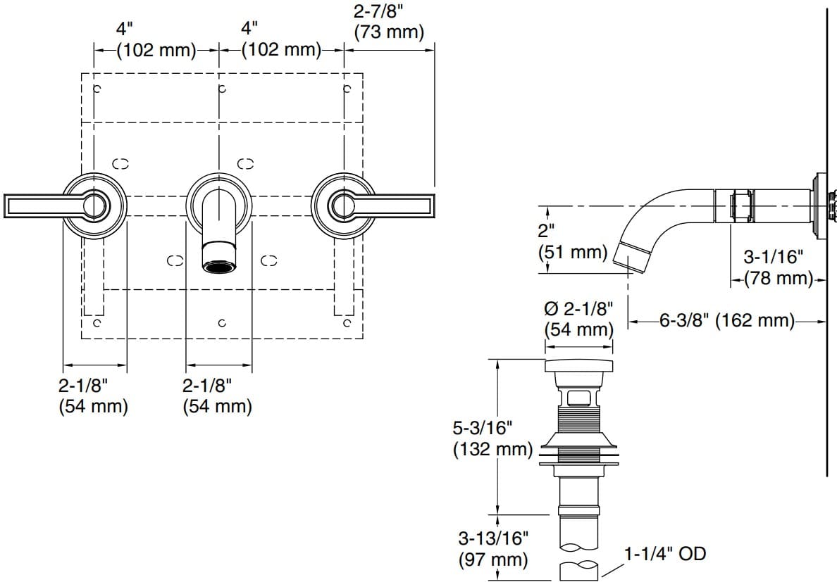 Bản vẽ vòi lavabo nóng lạnh gắn tường Kallista P80250