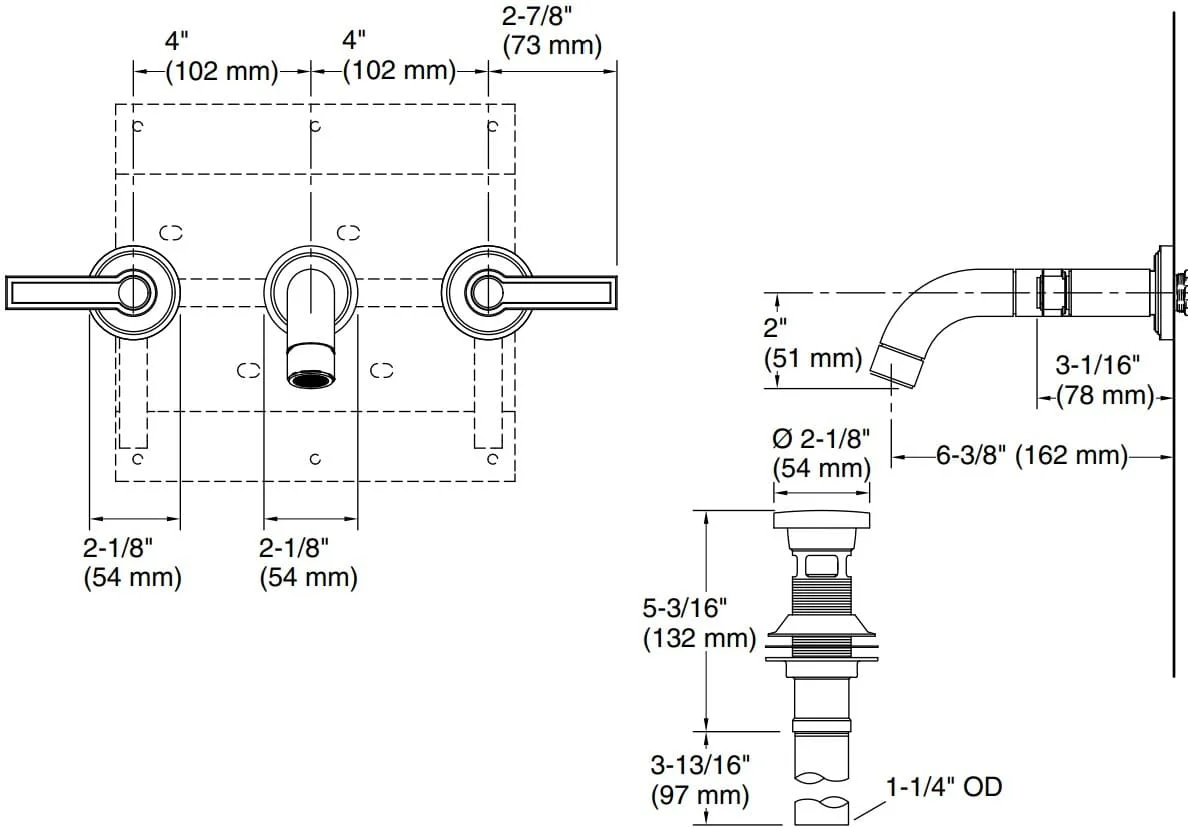 Bản vẽ vòi lavabo nóng lạnh gắn tường Kallista P80250