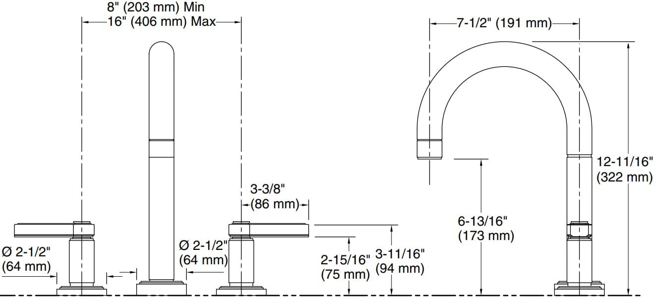 Bản vẽ vòi bồn tắm nóng lạnh Kallista P80251