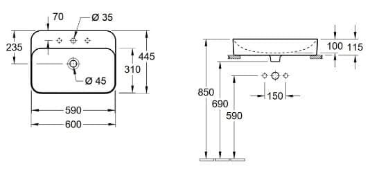 Bản vẽ kỹ thuật chậu rửa lavabo Đức Villeroy-boch Finion 414361RW