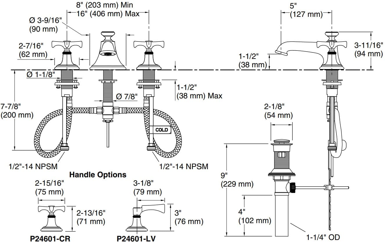 Bản vẽ vòi lavabo nóng lạnh gắn chậu Kallista P24601