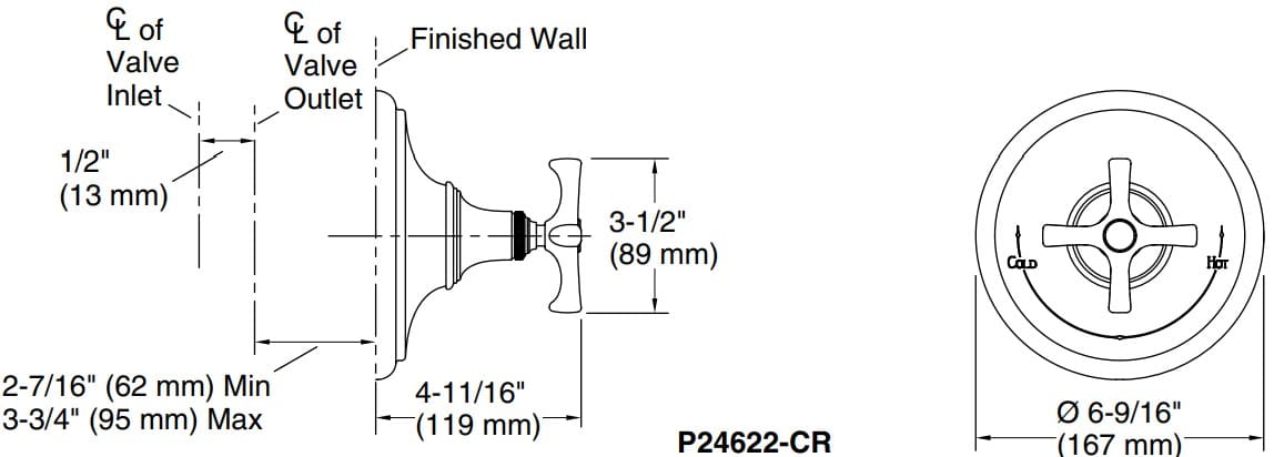 Bản vẽ mặt nạ điều chỉnh gắn tường Kallista P24622-CR