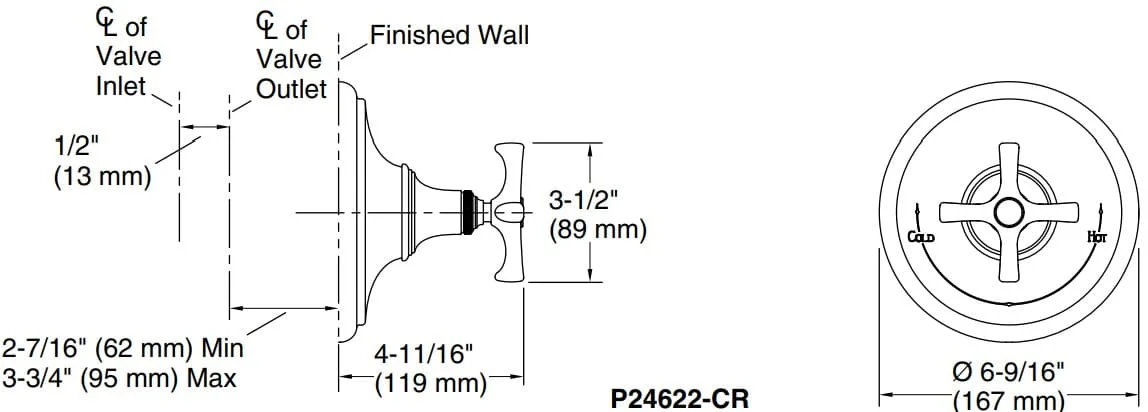 Bản vẽ mặt nạ điều chỉnh gắn tường Kallista P24622-CR