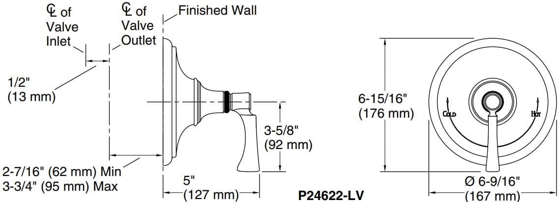 Bản vẽ mặt nạ điều chỉnh gắn tường Kallista P24622-LV-CP