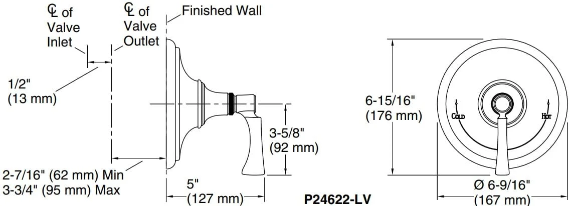 Bản vẽ mặt nạ điều chỉnh gắn tường Kallista P24622-LV-CP