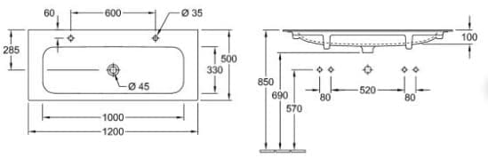 Bản vẽ kỹ thuật chậu rửa lavabo Đức Villeroy-boch Finion 4164C1RW