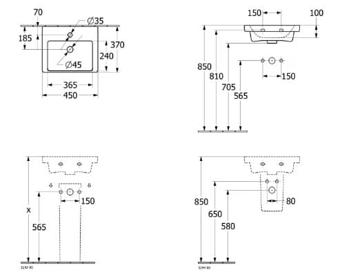 Bản vẽ kỹ thuật chậu rửa lavabo Villeroy-boch Subway 3.0 43704501