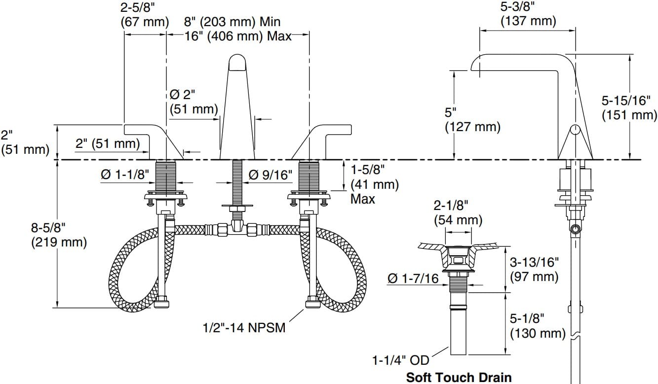 Bản vẽ vòi lavabo nóng lạnh gắn chậu Kallista P24800