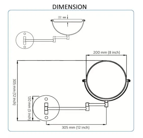 Bản vẽ kỹ thuật gương trang điểm phóng đại có đèn Led Miken MKG-M1208GR