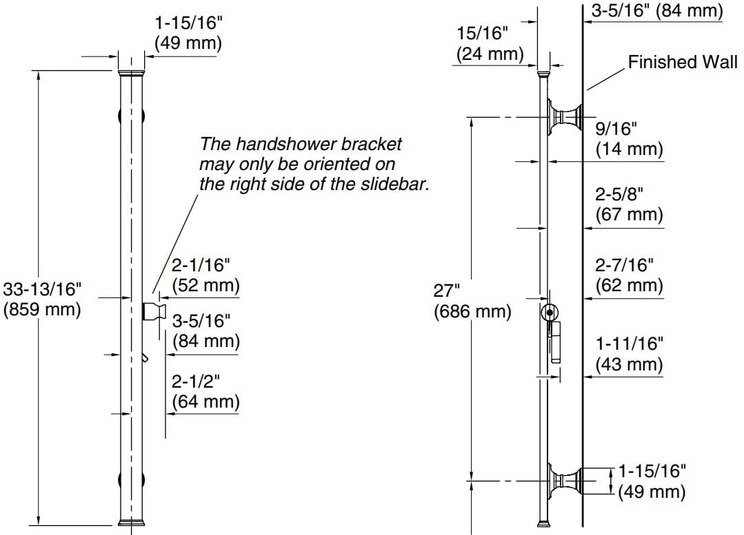 Bản vẽ thanh đỡ sen tắm Kallista P21654