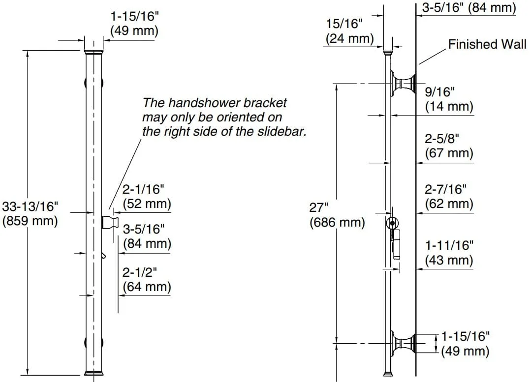 Bản vẽ thanh đỡ sen tắm Kallista P21654