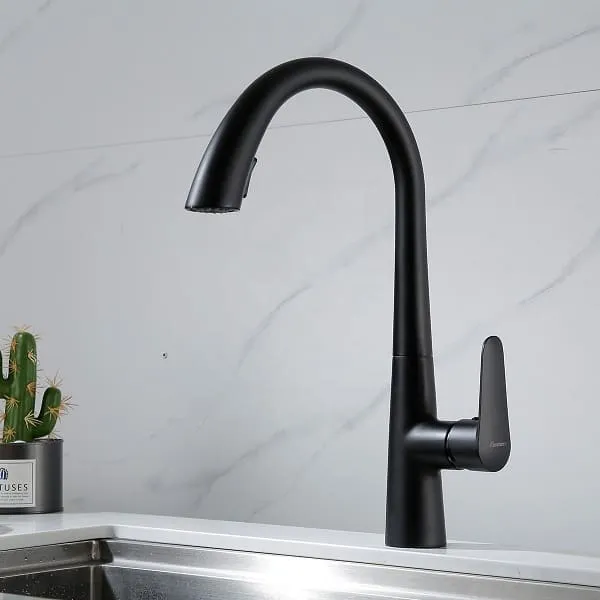 Vòi chậu rửa bát nóng lạnh dây rút màu đen Miken MK-0578B