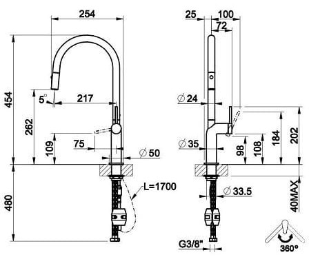Bản vẽ kỹ thuật Vòi chậu rửa bát nóng lạnh dây rút màu đen Miken MK-1015B