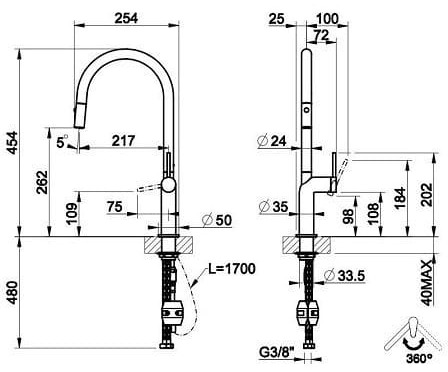 Bản vẽ kỹ thuật vòi chậu rửa bát lạnh dây rút Miken MK-1015GR