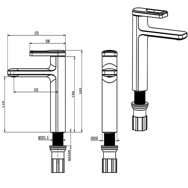 Bản vẽ kỹ thuật Vòi Chậu Lavabo Nóng Lạnh Màu Đen Miken MK-8032B