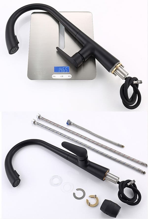 Vòi chậu rửa bát nóng lạnh dây rút màu đen Miken MK-0578B