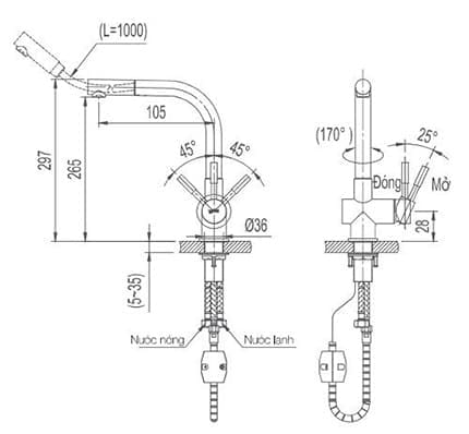 Bản vẽ kỹ thuật Vòi chậu rửa bát nóng lạnh dây rút Miken MK-2021