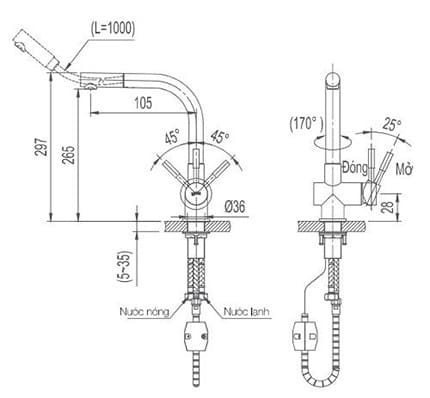 Bản vẽ kỹ thuật vòi chậu rửa bát nóng lạnh dây rút Miken MK-2021B