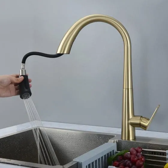 Vòi chậu rửa bát nóng lạnh dây rút màu vàng Miken MK-0578G 