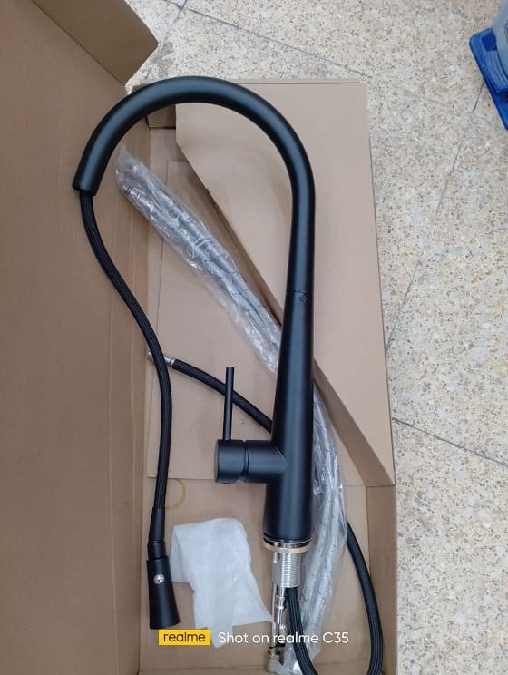 Vòi chậu rửa bát nóng lạnh dây rút màu đen Miken MK-1902B