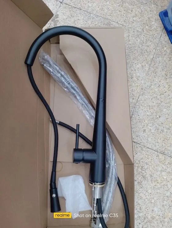 Vòi chậu rửa bát nóng lạnh dây rút màu đen Miken MK-1902B