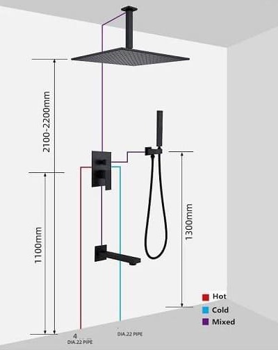 Bản vẽ kỹ thuật sen tắm âm tường bát trần màu đen Miken MKSAT-Mix307
