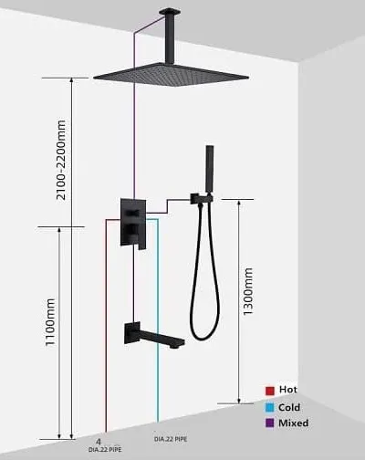 Bản vẽ kỹ thuật sen tắm âm tường bát trần màu đen Miken MKSAT-Mix307