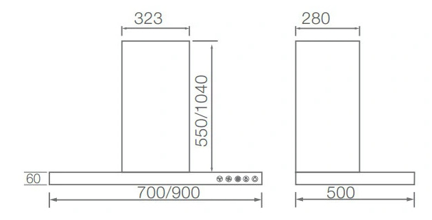Bản vẽ kỹ thuật Máy hút mùi toa ngang Canzy CZ-HE90SS