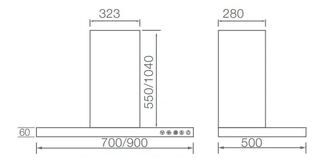 Bản vẽ kỹ thuật Máy hút mùi toa ngang Canzy CZ-HE90SS