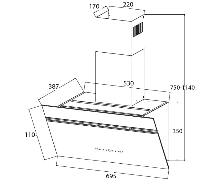 Bản vẽ kỹ thuật Máy hút mùi kính vát Canzy CZ-KV6670PRO