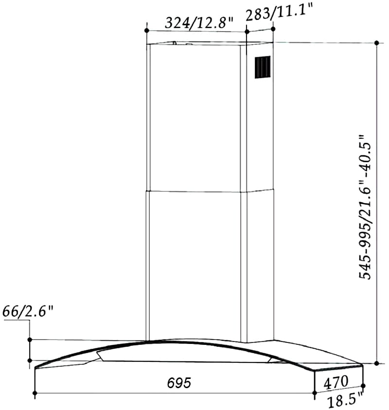 Bản vẽ kỹ thuật Máy hút mùi kính cong Canzy CZ-MLH870     