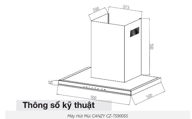 Bản vẽ kỹ thuật Máy hút mùi toa ngang Canzy CZ-TS900SS