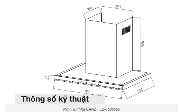 Bản vẽ kỹ thuật Máy hút mùi toa ngang Canzy CZ-TS900SS