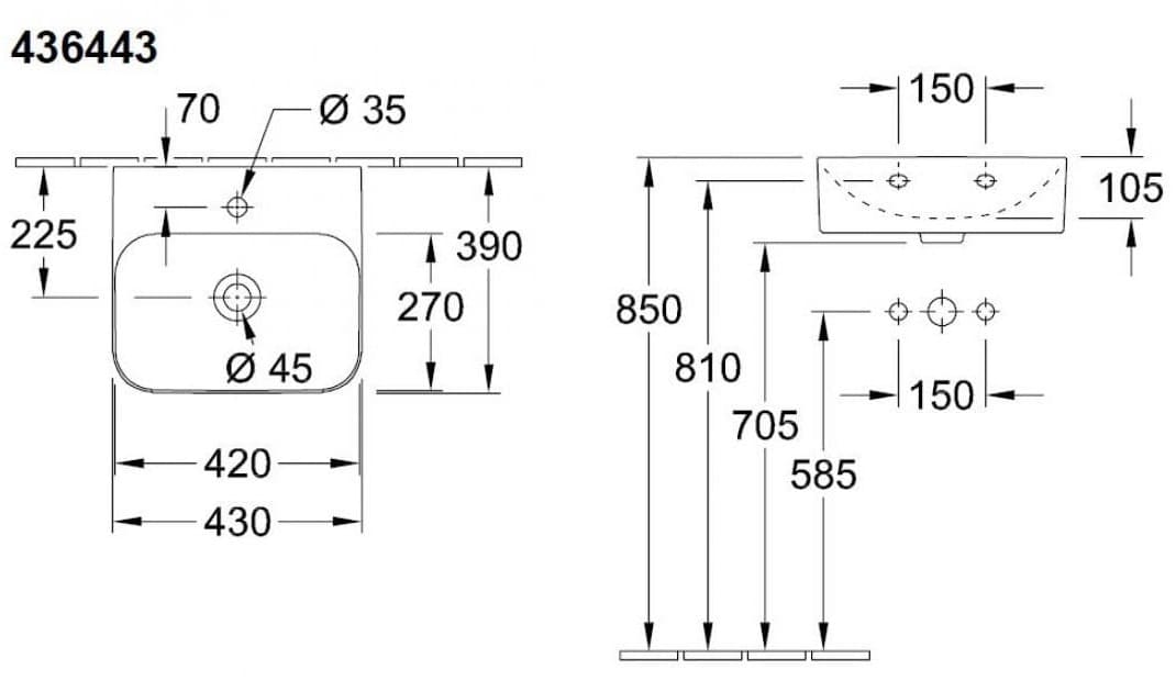 Bản vẽ kỹ thuật Chậu rửa lavabo Đức Villeroy-boch Finion 436443RW