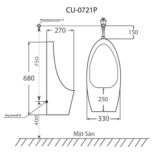 Bản vẽ kỹ thuật tiểu nam treo tường Clara CU-0721P