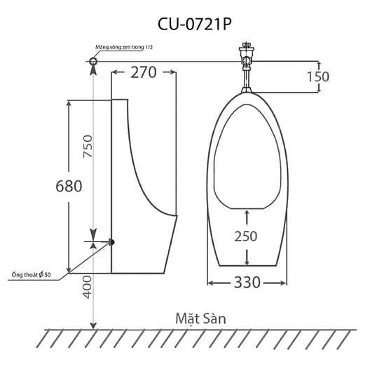 Bản vẽ kỹ thuật tiểu nam treo tường Clara CU-0911P