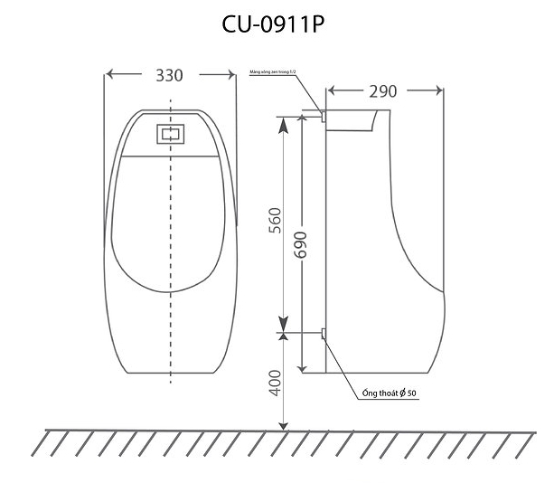 Bản vẽ kỹ thuật tiểu nam treo tường Clara CU-1911P