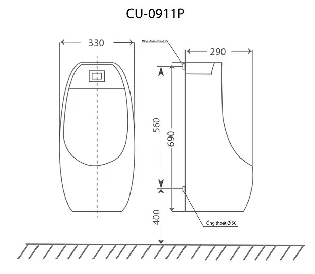 Bản vẽ kỹ thuật tiểu nam treo tường Clara CU-1911P