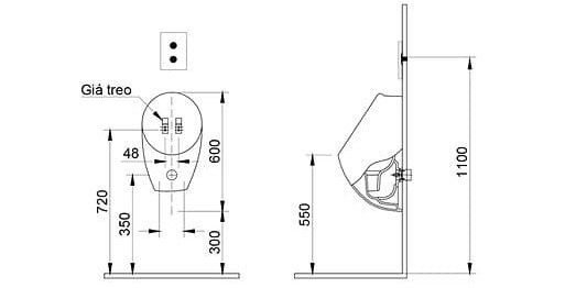 Bản vẽ kỹ thuật tiểu nam treo tường Clara CU-2011P