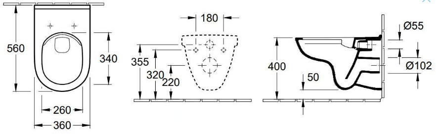 Bản vẽ kỹ thuật Bồn cầu treo tường Đức Villeroy-Boch O.novo 5660R0T2
